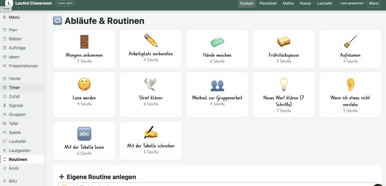 Übersicht mit zwölf Routinen in Schritten, darunter Morgens ankommen, Streit klären und Neues Wort klären.