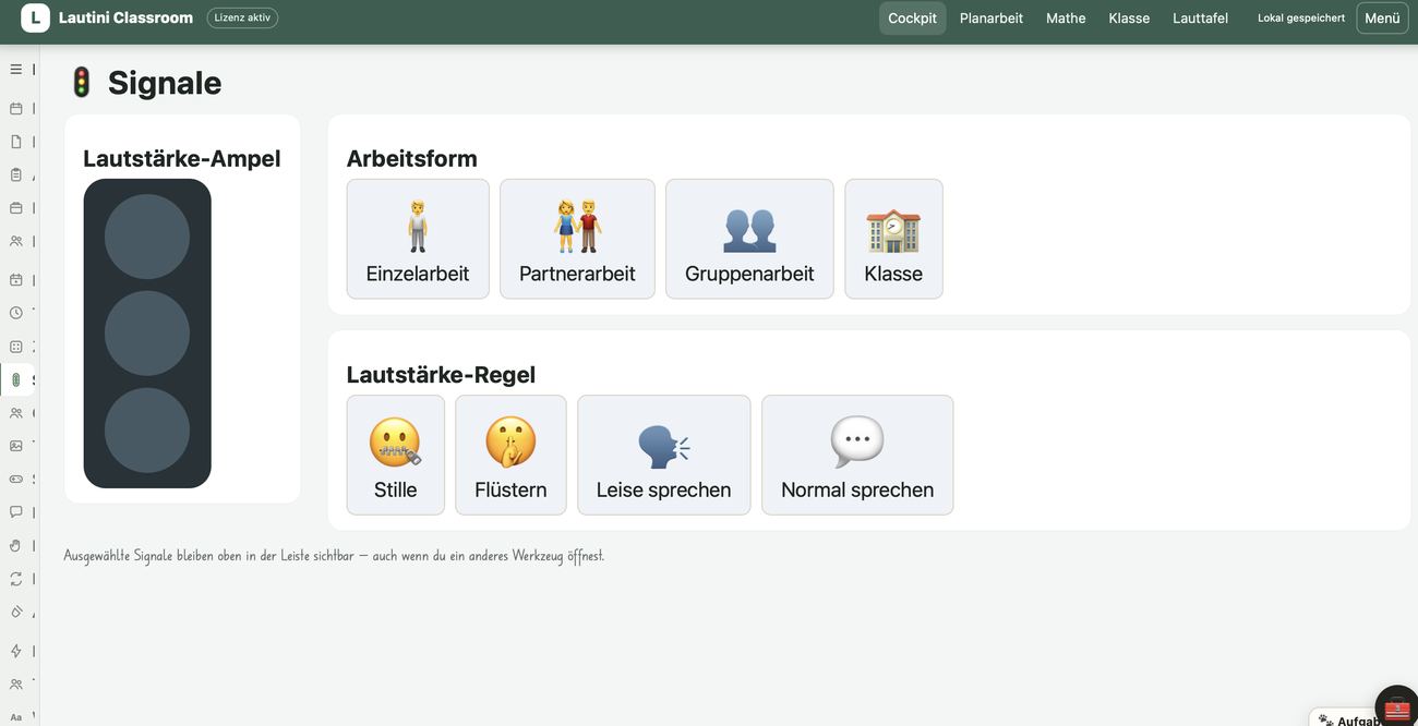 Signale mit Lautstärke-Ampel, Auswahl der Arbeitsform und vier Lautstärke-Regeln.