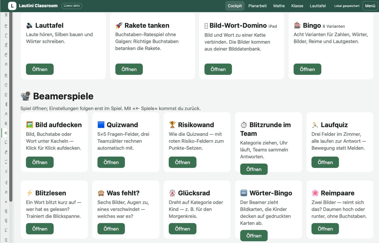 Übersicht der Lernspiele mit Karten für Lauttafel, Rakete tanken, Bild-Wort-Domino, Bingo sowie zehn Beamerspiele.