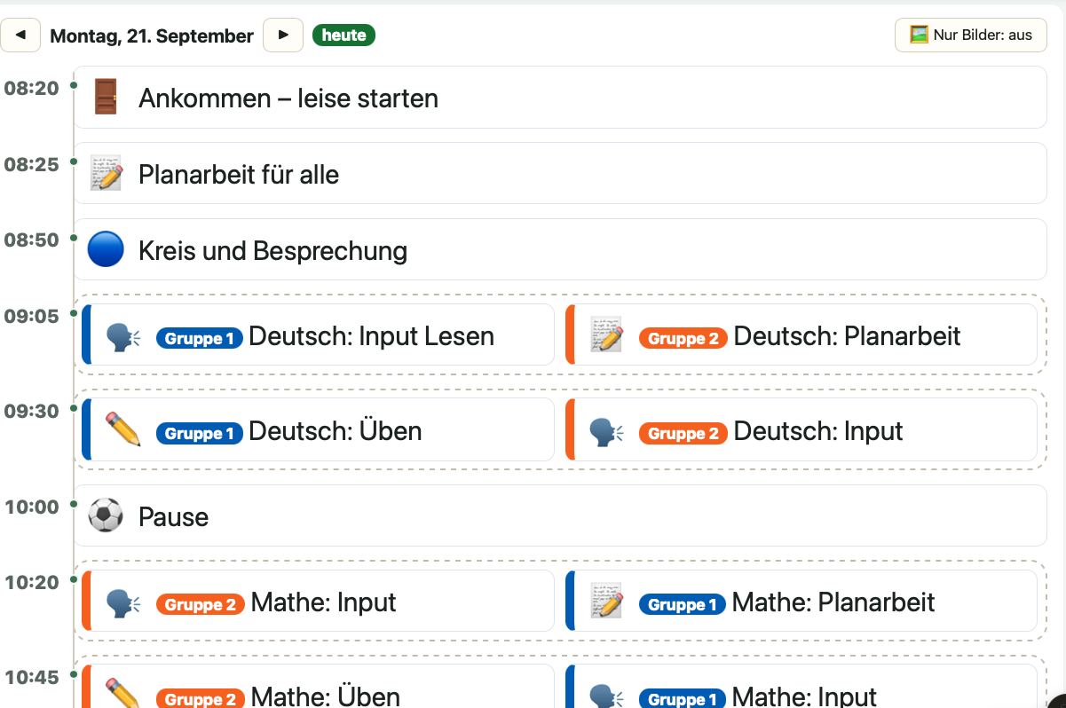 Tagesplan eines Schulmorgens mit Uhrzeiten, in dem sich zwei farbig markierte Gruppen bei Input, Üben und Planarbeit abwechseln.