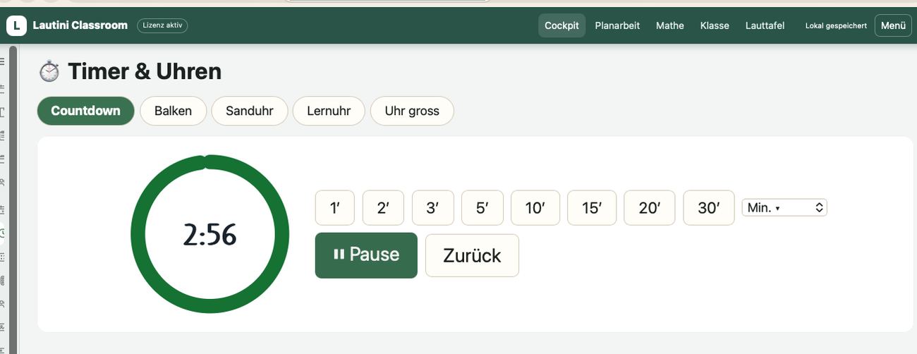 Timer und Uhren mit fünf Darstellungen – Countdown, Balken, Sanduhr, Lernuhr und grosse Uhr.